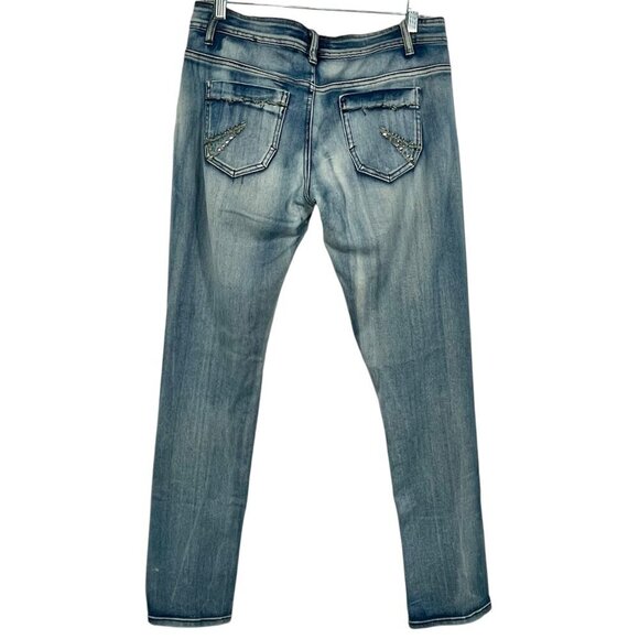 BAMBOO Y2K Low-Rise Faded Mid-Wash Embroidered Studded Skinny Jeans Womens 9/10 - Picture 3 of 14